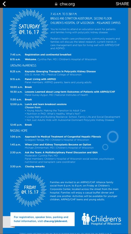 2017 ARPKD/CHF educational conference flyer — Saturday, September 16, 2017, Children's Hospital of Wisconsin, Milwaukee